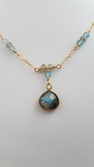 Faceted Labradorite Drop and Apatite Stones Necklace on Gold-Filled Chain. - joann-lysiak-gems