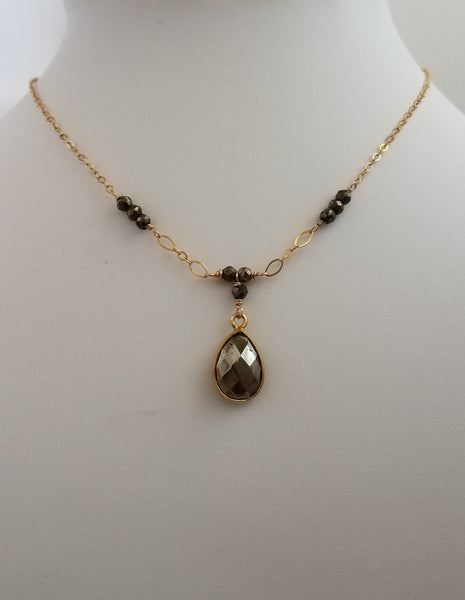 Chunky faceted pyrite pendant in vermeil on pyrite beaded chain on gold plated wire with 14k gold filled clasp and 2-in good extender chain