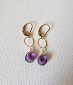 Faceted Amethyst Tear Drop Lever Back Earrings With A Hammered Gold-Filled Ring.