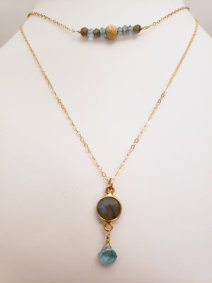 Delicate Pendant Necklace Features a Faceted Bezel Set Labradorite With a Faceted Tear Drop on a Fine Gold-Filled Chain.