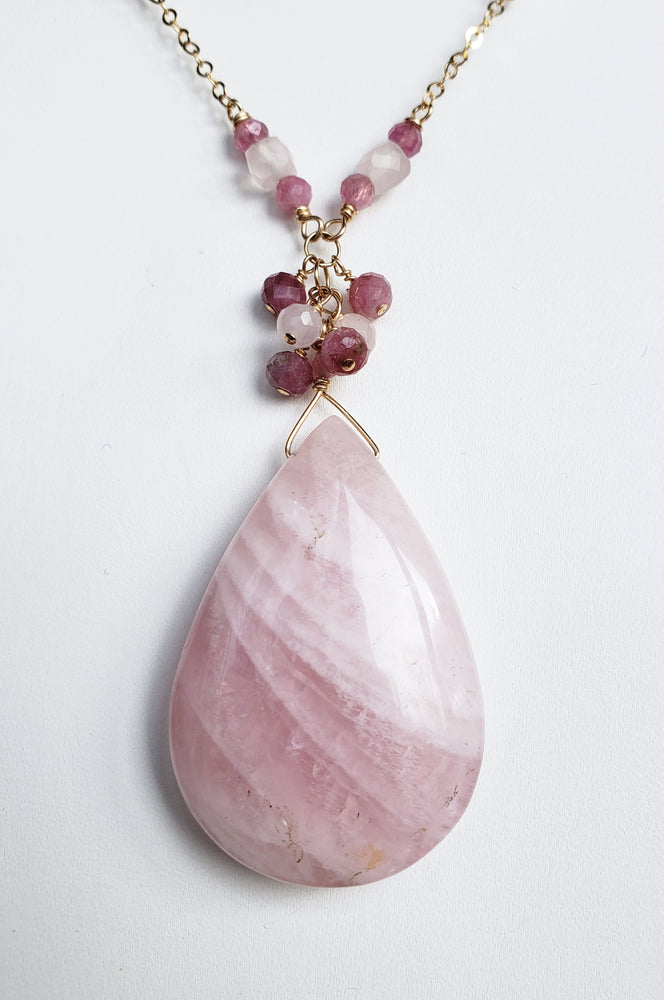Rose Quartz Tear Drop Necklace is Mixed With Pink Tourmaline Faceted Stones on Gold Filled Chain to Bring the Energy of Love.