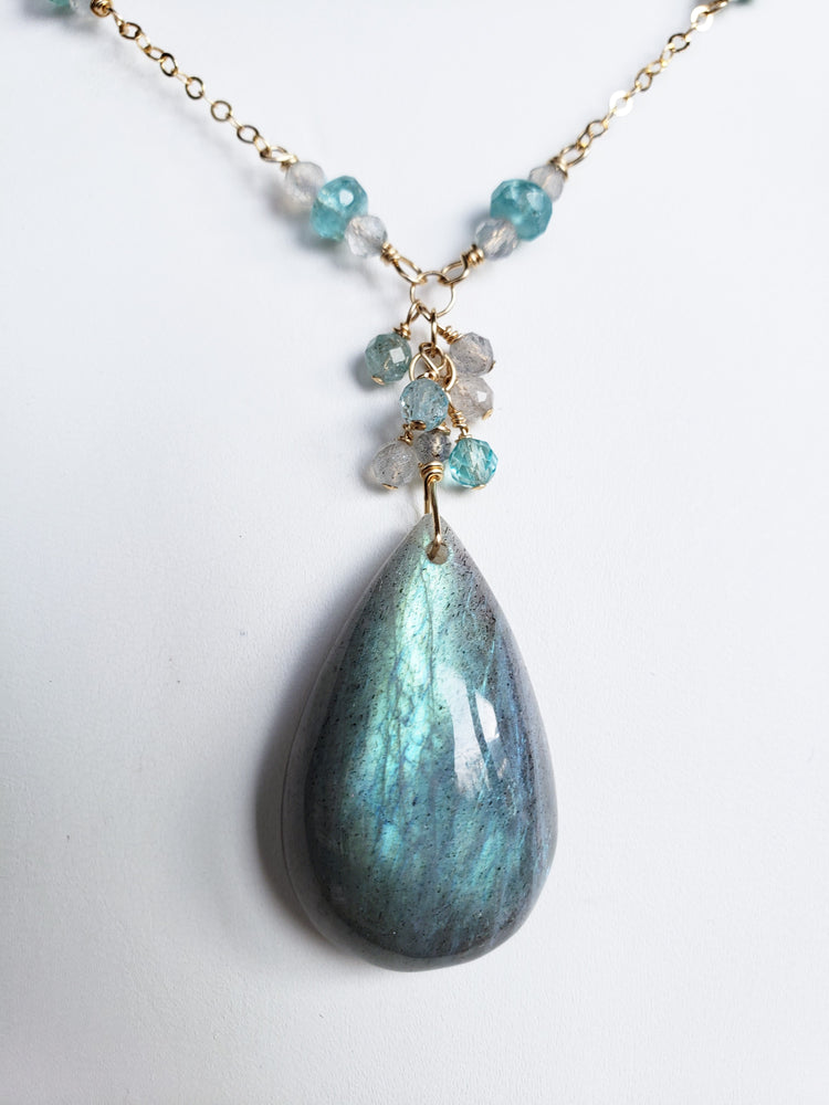 Iridescent  Labradorite and Apatite Gold Filled Necklace With a Cluster of Stones Surrounding a Beautiful Tear Drop.