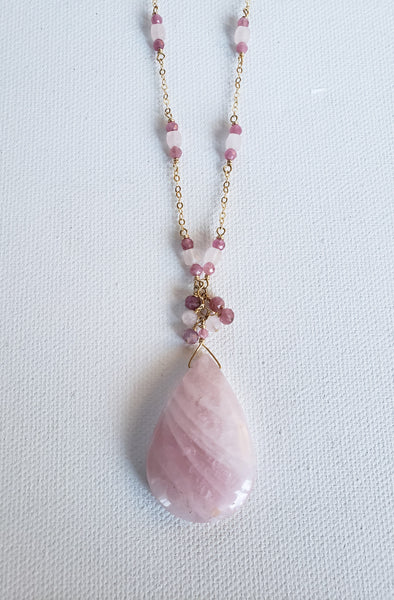 Rose Quartz Tear Drop Necklace is Mixed With Pink Tourmaline Faceted Stones  on Gold Filled Chain to Bring the Energy of Love.