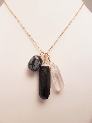 Black Tourmaline, Crystal and Snowflake Obsidian Cluster of Stones Pendant Necklace on Gold-Filled Chain for Protection and Grounding.