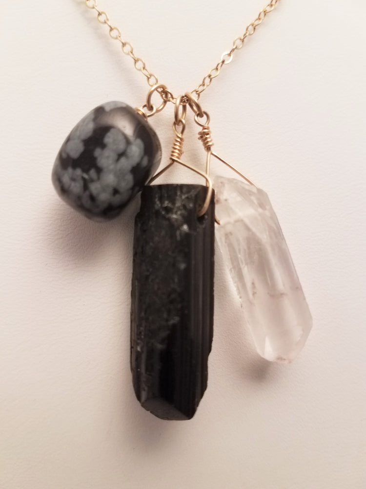 Black Tourmaline, Crystal and Snowflake Obsidian Cluster of Stones Pendant Necklace on Gold-Filled Chain for Protection and Grounding.