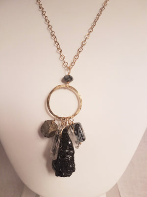 Black Tourmaline, Crystal and Pyrite Pendant on Gold-Filled Hammered Ring and Chain Protects Energy and Grounds.