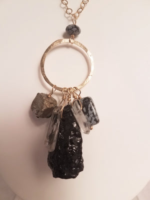 Black Tourmaline, Crystal and Pyrite Pendant on Gold-Filled Hammered Ring and Chain Protects Energy and Grounds.