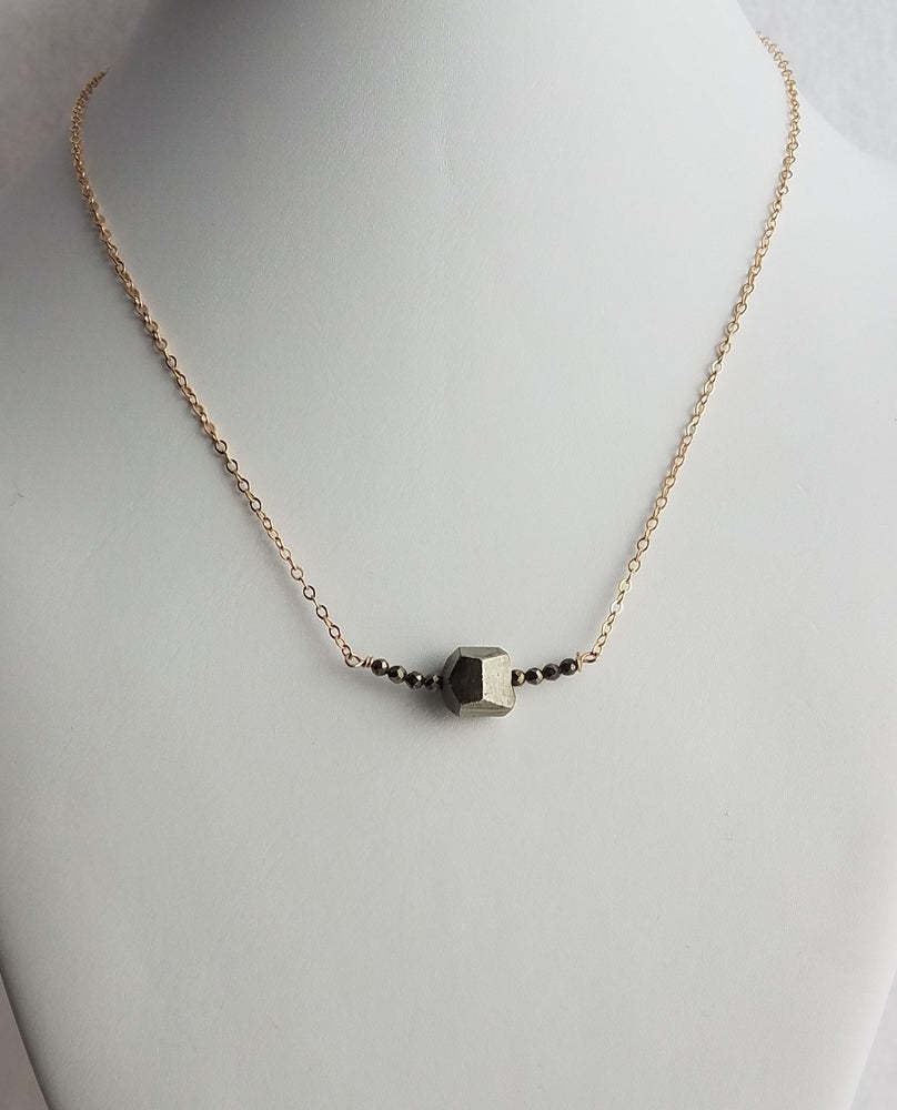 Faceted Pyrite Bar Necklace on Delicate Gold-Filled Chain Increases Abundance and Protects Energy.