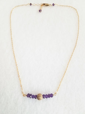 Delicate Bar Necklace Features Faceted Amethyst Surrounded By a Gold-Filled Sparkle Ball To Form a Slight Curved Bar Raises Spiritual Consciousness On Gold-filled Chain.