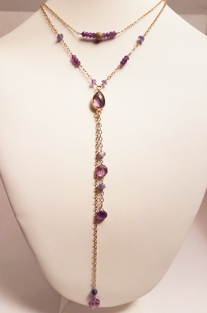 Delicate Bar Necklace Features Faceted Amethyst Surrounded By a Gold-Filled Sparkle Ball To Form a Slight Curved Bar Raises Spiritual Consciousness On Gold-filled Chain.
