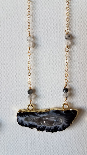 Agate Geode Necklace With Faceted Tourmalinated Quartz Beads on Gold-Filled Chain Protects and Grounds.