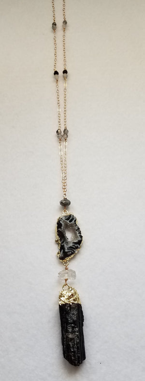 Agate Geode With Black Tourmaline Point, Herkimer Diamond and Tourmalinated Quartz Faceted Beads 21" Pendant Necklace to Protect, Ground and Increase Positivity - joann-lysiak-gems