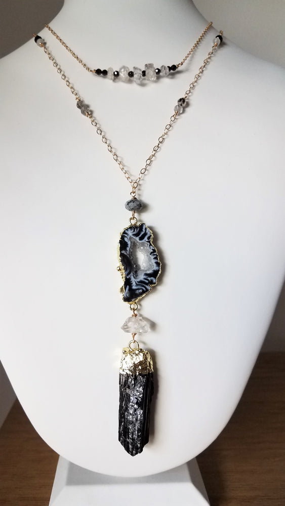 Five Herkimer Diamods Bar Pendant With Faceted Pyrite on Gold-Filled Chain Raises Spirtual Consciousness.