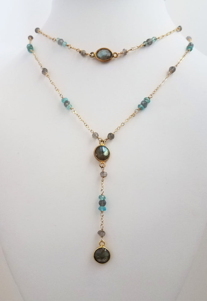 Delicate Single Strand Necklace with Mystical Labradorite and Apatite Gemstones on Gold-Filled Chain to Align Your Chakras.
