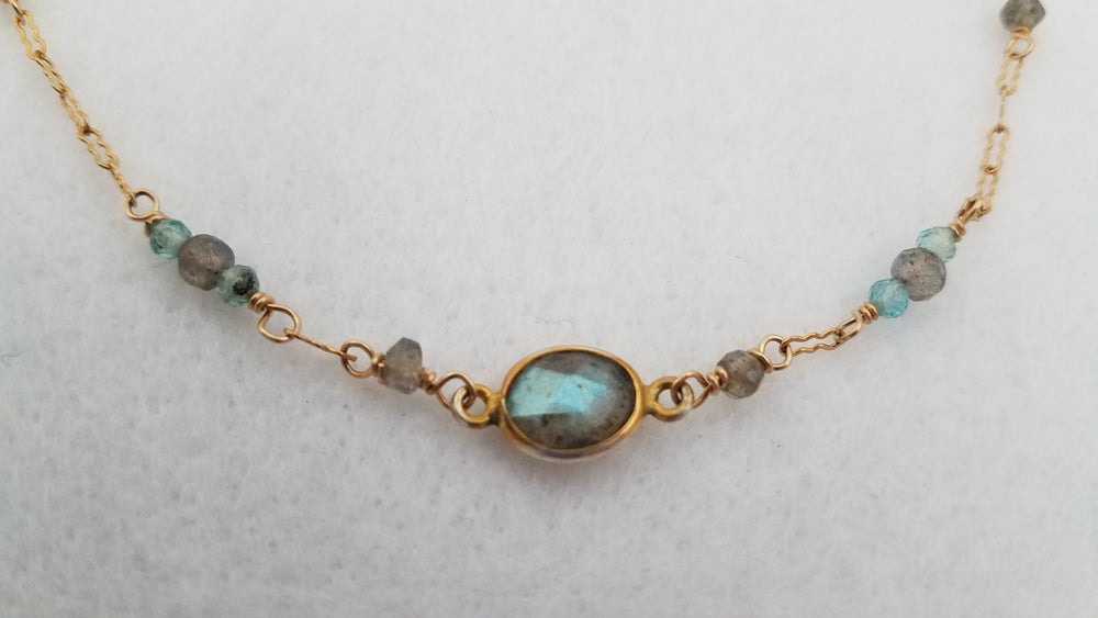 Delicate Single Strand Necklace with Mystical Labradorite and Apatite Gemstones on Gold-Filled Chain to Align Your Chakras. - joann-lysiak-gems