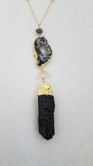 Agate Geode With Black Tourmaline Point, Herkimer Diamond and Tourmalinated Quartz Faceted Beads 21" Pendant Necklace to Protect, Ground and Increase Positivity - joann-lysiak-gems