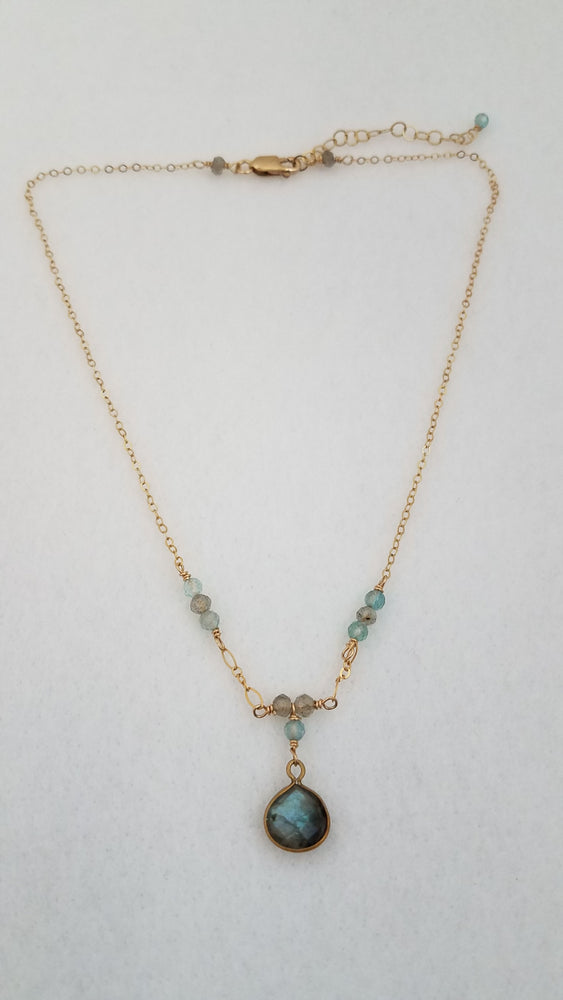 Faceted Labradorite Drop and Apatite Stones Necklace on Gold-Filled Chain. - joann-lysiak-gems