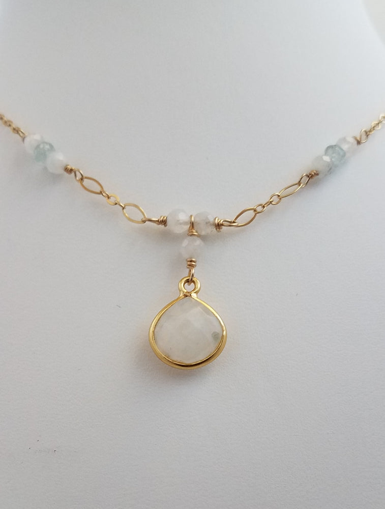 Faceted Moonstone Drop With Blue Topaz Stones Necklace on Gold-Filled Chain. - joann-lysiak-gems