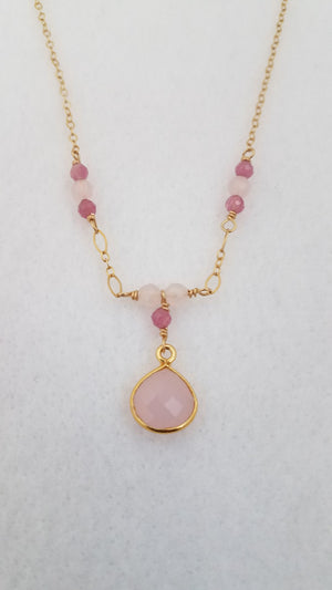 Faceted Rose Quartz Tear Drop and Pink Tourmaline Gemstone Necklace on Gold-Filled Chain. - joann-lysiak-gems