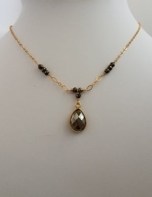 Faceted Pyrite Tear Drop Necklace With Faceted Pyrite Gemstones on Gold-Filled Chain. - joann-lysiak-gems