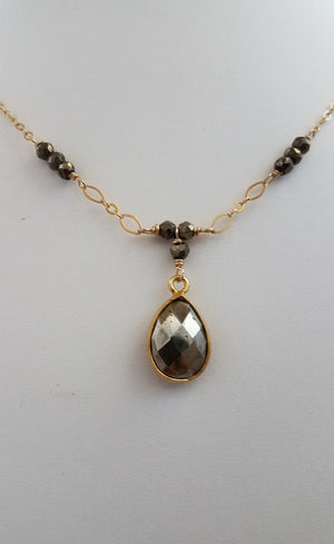 Faceted Pyrite Tear Drop Necklace With Faceted Pyrite Gemstones on Gold-Filled Chain. - joann-lysiak-gems