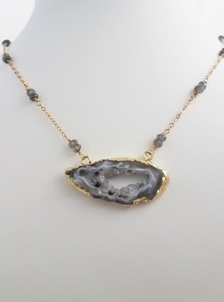 Agate Geode Necklace With Faceted Labradorite Gemstones on Delicate Gold-Filled Chain For Grounding.