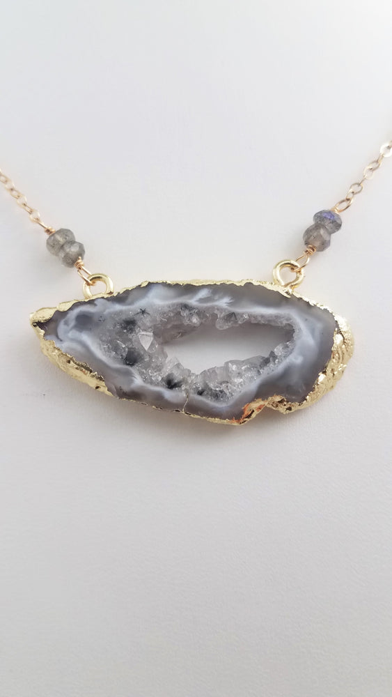 Agate Geode Necklace With Faceted Labradorite Gemstones on Delicate Gold-Filled Chain For Grounding.