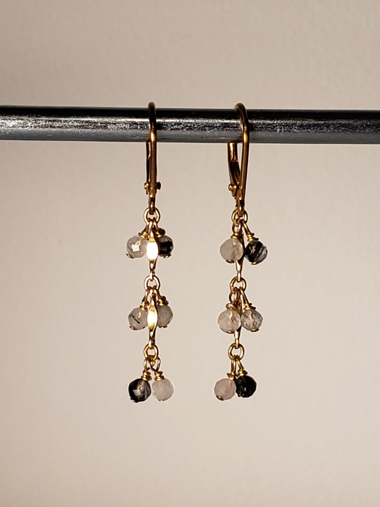 Faceted Tourmalinated Quartz Cluster Dangle Earrings on 14kt Gold-Filled Chain With Lever Back. - joann-lysiak-gems