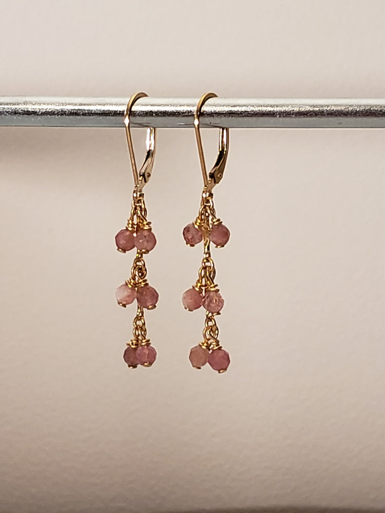 Faceted Pink Tourmaline Cluster Dangle Earrings on Gold-Filled Chain With Lever Back. - joann-lysiak-gems