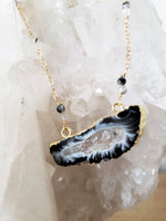 Agate Geode Necklace With Faceted Tourmalinated Quartz Beads on Gold-Filled Chain Protects and Grounds.