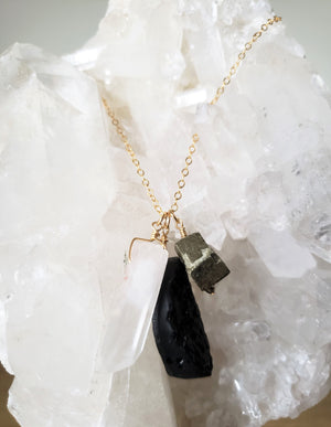 Trio of Tektite, Quartz Crystal and Pyrite Gemstones Pendant on Gold-Filled Chain Protects, Grounds and Amplifies Abundance.