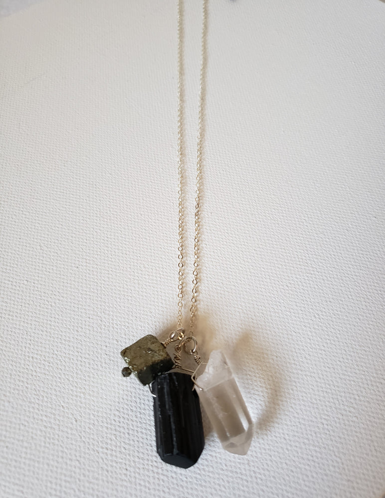 Trio Of Crystal Quartz, Black Tourmaline and Pyrite Pendant Necklace on Sterling Silver Chain Grounds, Protects and Increases Abundance