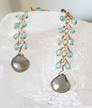Faceted Labradorite Tear Drop Dangles From a Cascade of Faceted Apatite Gemstones on Gold-Filled Lever Back Earrings.