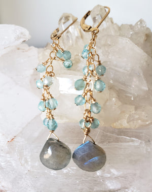 Faceted Labradorite Tear Drop Dangles From a Cascade of Faceted Apatite Gemstones on Gold-Filled Lever Back Earrings.