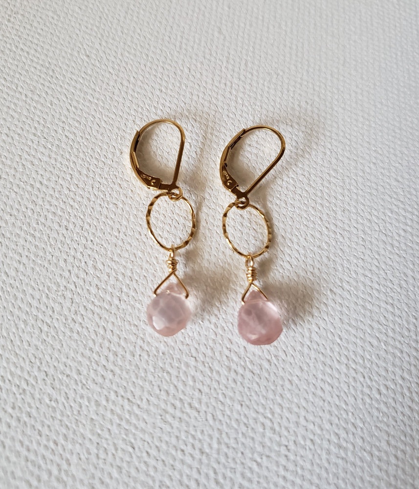 Faceted Rose Quartz Tear Drop Dangles Off a Gold-Filled Ring on Lever Back Earrings