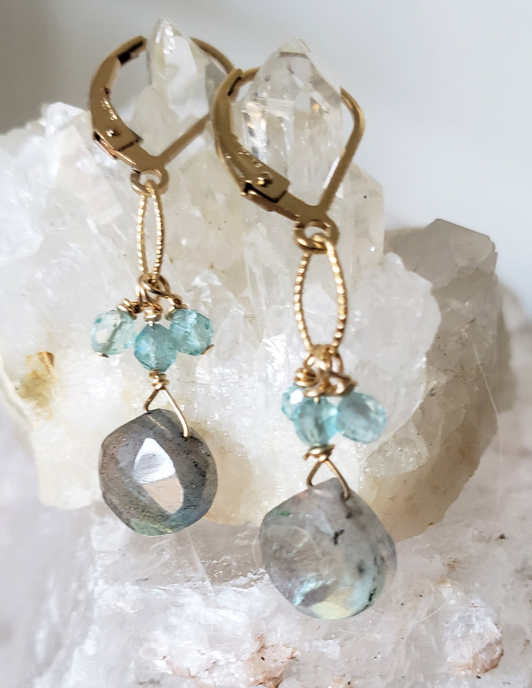 Iridescent Labradorite and Apatite Cluster Tear Drop On a Gold-Filled Lever Back Earring.