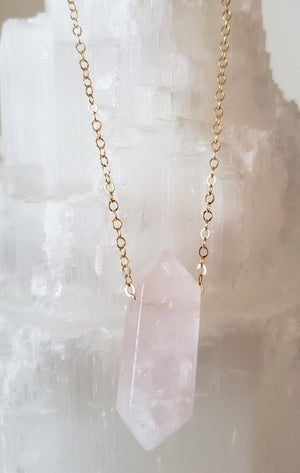 Rose Quartz Generator Gemstone Necklace on Gold-Filled Chain Attracts Love.