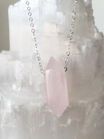 Rose Quartz Generator Point Gemstone Necklace on Sterling Silver Chain Attracts Love.
