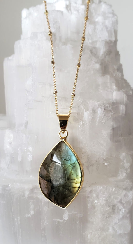 Iridescent Labradorite Pendant On Delicate Gold-Filled Chain With Faceted Sterling Silver Cubes.