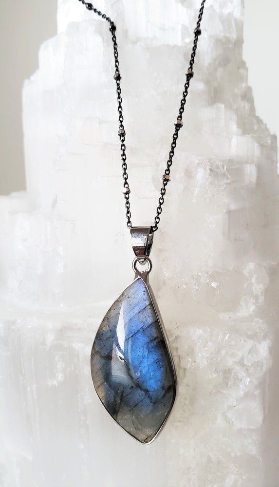 Iridescent Labradorite Pendant On A Delicate Sterling Silver Chain With Faceted Cubes Has A Calming Effect.