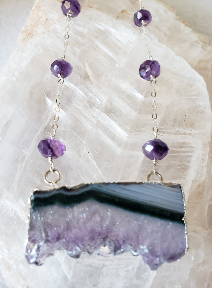 Raw Amethyst Slice Pendant Surrounded by 8mm Faceted Amethyst Wire Wrapped on Sterling Silver Delicate Chain, raises Spiriitual Consciousness.