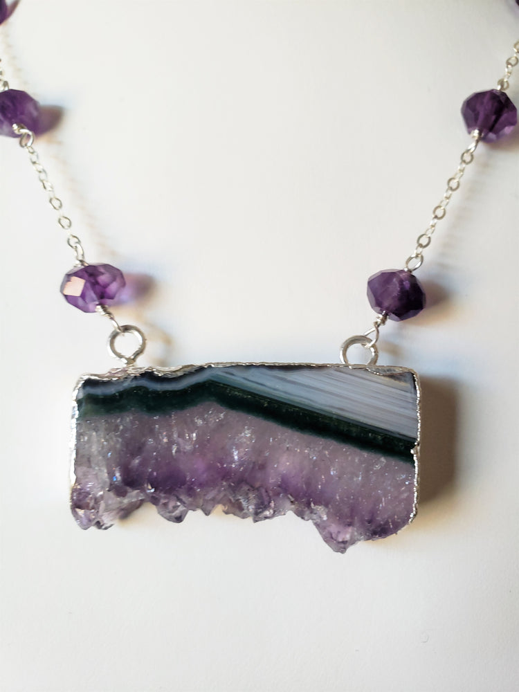 Raw Amethyst Slice Pendant Surrounded by 8mm Faceted Amethyst Wire Wrapped on Sterling Silver Delicate Chain, raises Spiriitual Consciousness.