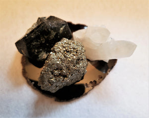 Small Trio of Gems & Crystals of Black Tourmaline, Quartz Crystal and Pyrite Harmonizes the Energy Within Your Home or Office.