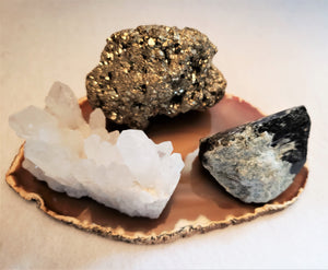 Medium Trio of Gems & Crystals of Black Tourmaline, Quartz Crystal and Pyrite Harmonizes the Energy Within Your Home or Office.