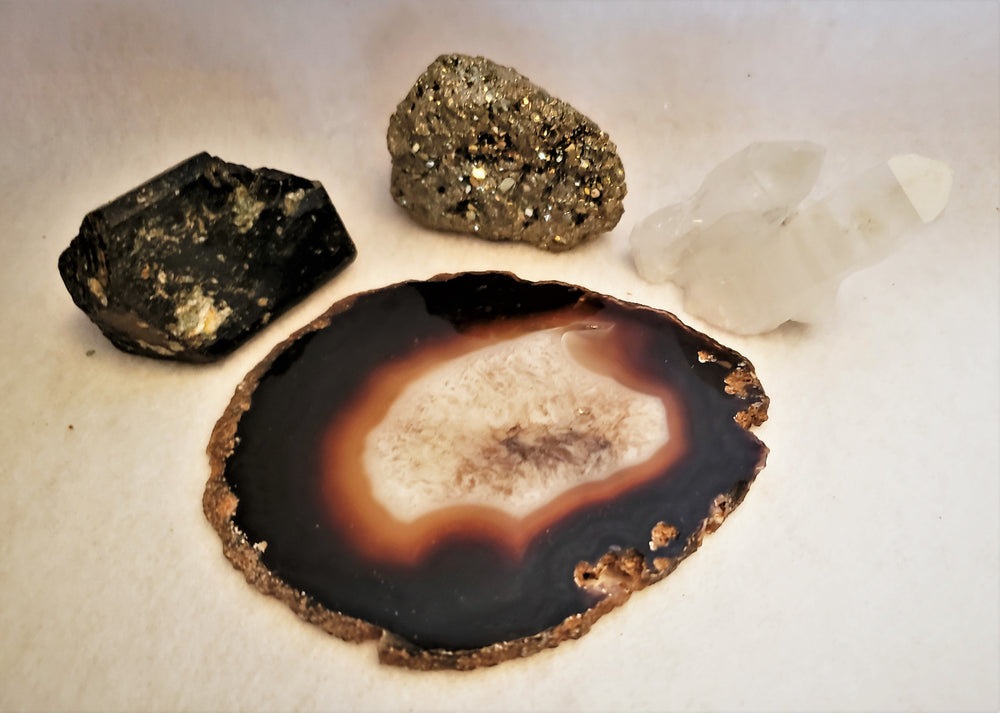 Small Trio of Gems & Crystals of Black Tourmaline, Quartz Crystal and Pyrite Harmonizes the Energy Within Your Home or Office.