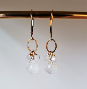 An Iridescent Faceted Moonstone Tear Drop With Cluster of Stones on Gold-Filled Lever Back Earring.