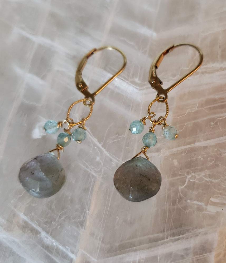 Iridescent Labradorite and Apatite Cluster Tear Drop On a Gold-Filled Lever Back Earring.