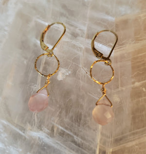 Faceted Rose Quartz Tear Drop Dangles Off a Gold-Filled Ring on Lever Back Earrings