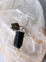 Trio of Tektite, Quartz Crystal and Pyrite Gemstones Pendant on Sterling Silver Chain Protects, Grounds and Amplifies Abundance.