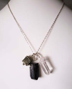 Trio of Tektite, Quartz Crystal and Pyrite Gemstones Pendant on Sterling Silver Chain Protects, Grounds and Amplifies Abundance.